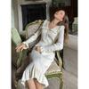 Vintage Women's Dress with Ruffle Edge Knitted Dress Autumn and Winter Wool Dress