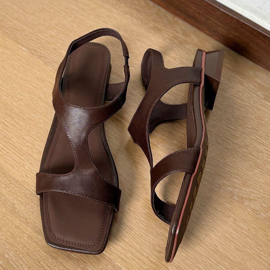 2025 Summer New Roman Style Simple Word with Sandals Women's Xia Ping Low Heel Open Toe Square Head Women's Shoes White