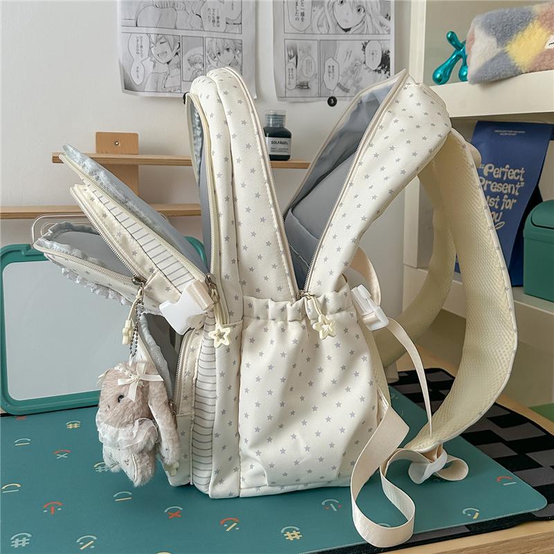 Mochila con Adorno de Encaje Rayas Estrelladas con Ventana Frontal Transparente y Múltiples Bolsillos Gran Capacidad Mochila Escolar Diaria para Adolescentes Estudiantes Viajes Diarios