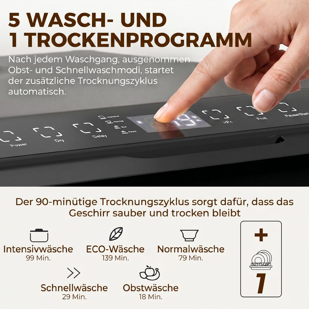 Zmywarka nablatowa, ze zintegrowanym zbiornikiem na wodę 6 litrów, 5 programów, 4 zestawy naczyń, wyświetlacz LED, czarna