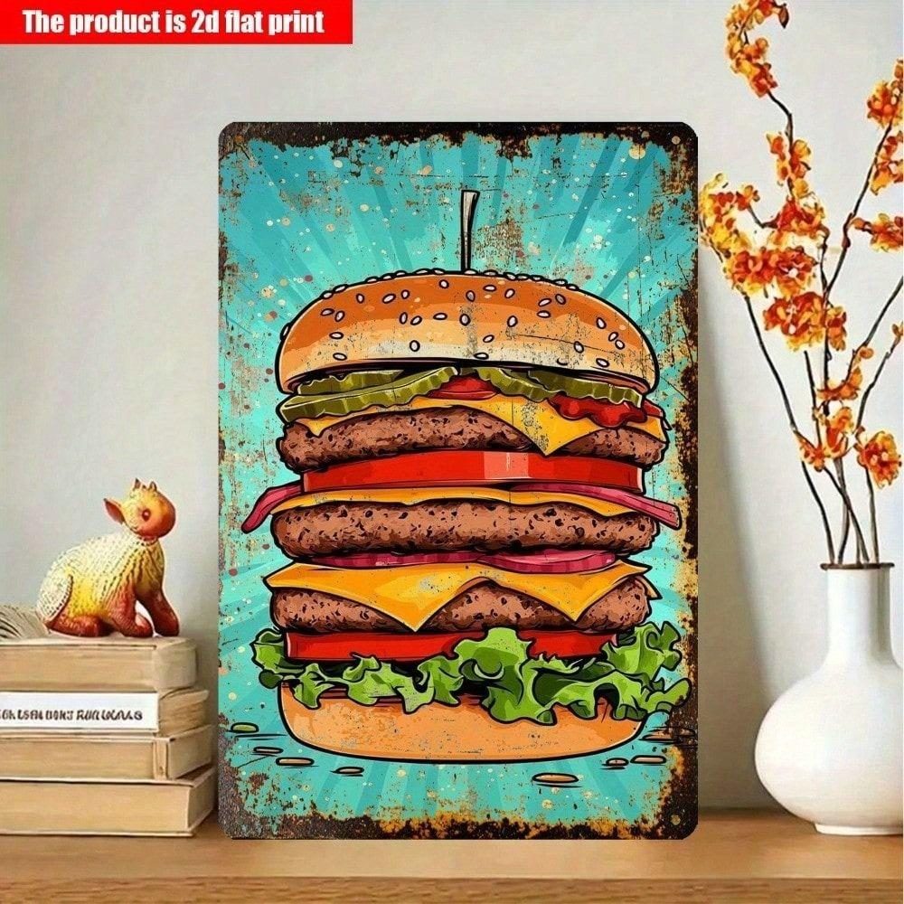 Vintage 2D Hamburger Metal Sign for Kitchen Bar Wall Decor 12x8 Inch