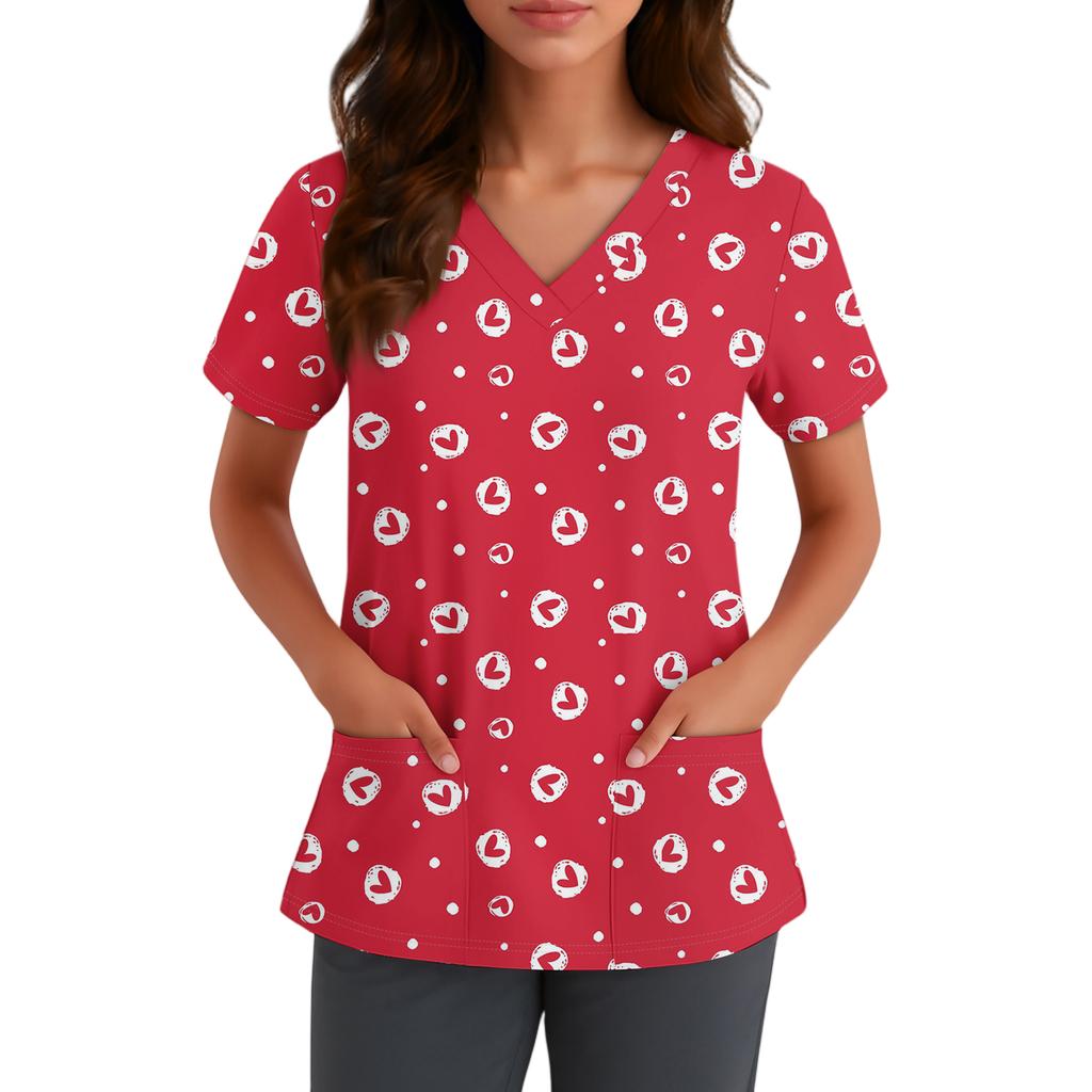 Damen Niedlich Schleife Bedruckt Arbeitskleidung V-Ausschnitt Doppellagig Taschen Basic Kurzarm Oberteil Pullover