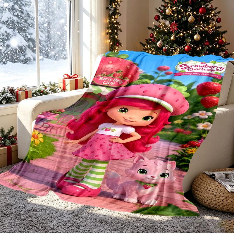 Strawberry Shortcake Pattern Blanket for Home Decoration, Bed, Sofa, Car Travel, Camping, Suitable for All Seasons, Birthday Christmas Gift