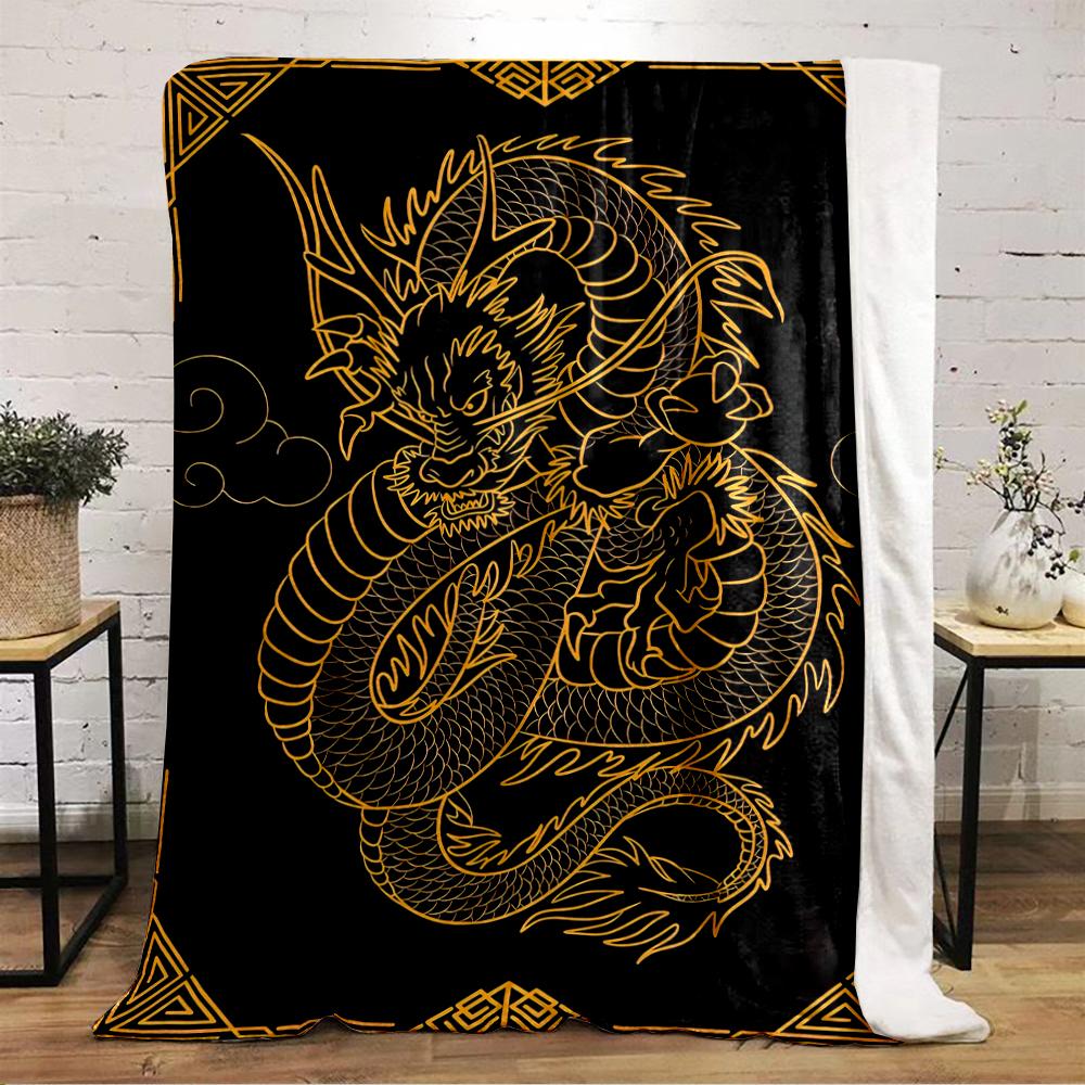 Golden Chinese Dragon Pattern Blanket Flannel blanket for bedroom, living room, sofa, and nap sofas