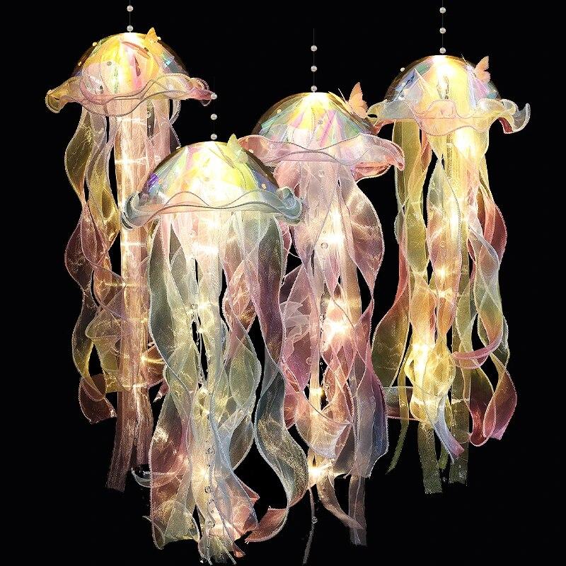 1PC Gradient Jellyfish LED Night Light Handmade Pendant Festival Decor Courtyard Indoor Outdoor Hanging Colorful Lamp Ornament