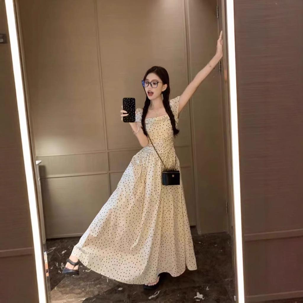 French square collar polka dot small flying sleeve dress women's summer waist a word skirt gentle wind temperament vacation dress