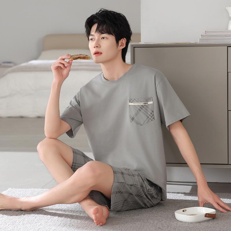 1011 New Men's Pajamas Summer Cotton Short Sleeve Shorts Large Size Thin Loose Casual Style Homewear Set