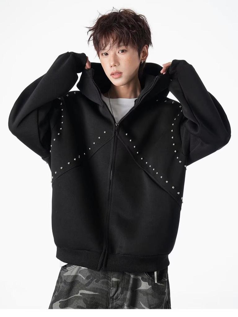 Men's Trendy Retro Streetwear Riveted Hooded Cardigan