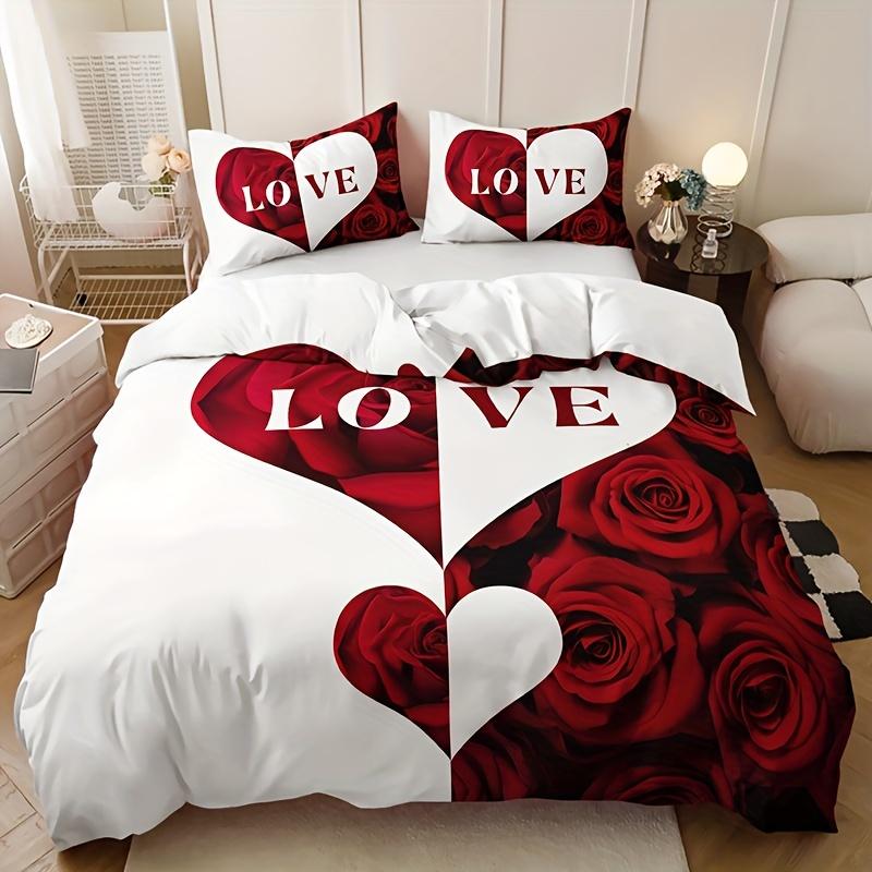 

Love Rose Letter Print Duvet Cover Set - Romantic Red & White Design With 1 Duvet Cover + 2 Pillowcases, High-Definition Print EU Twin(135x200cm)