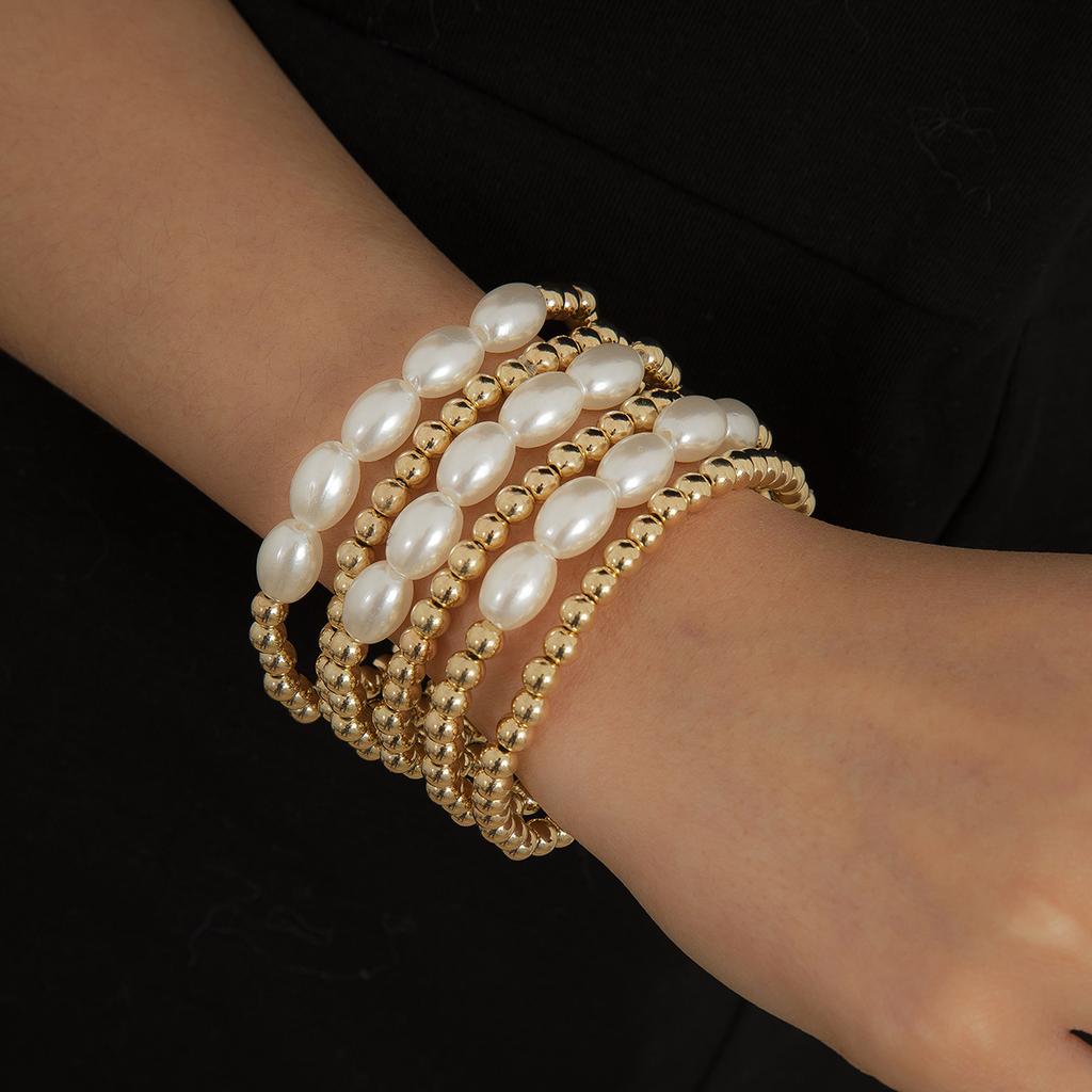 Simple Bow Pearl Beaded Bracelet Set, Fashionable Stacked Metal Elbow Jewelry Women