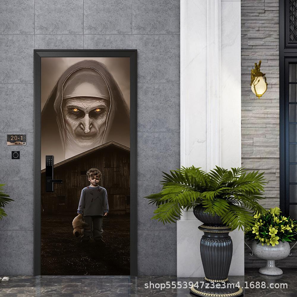 Halloween Horror Nun Thriller Door Stickers Removable Vinilos Para Puertas Adhesive Wallpaper Art Murals for Doors Bibliotheque Modern Home Decor