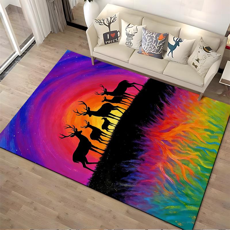 Colorful Deer Silhouette Carpet with Vibrant Rainbow Sunset Design Suitable for Use As an Anti-slip for Living Room Bedroom Sofas