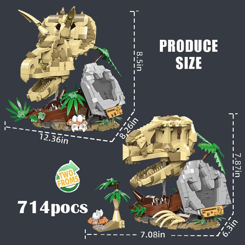2-in-1 Dinosaur Fossil Skull Building Blocks DIY Animal Puzzle Assembly Educational Brick Toys Decoration Set For Adults Gifts