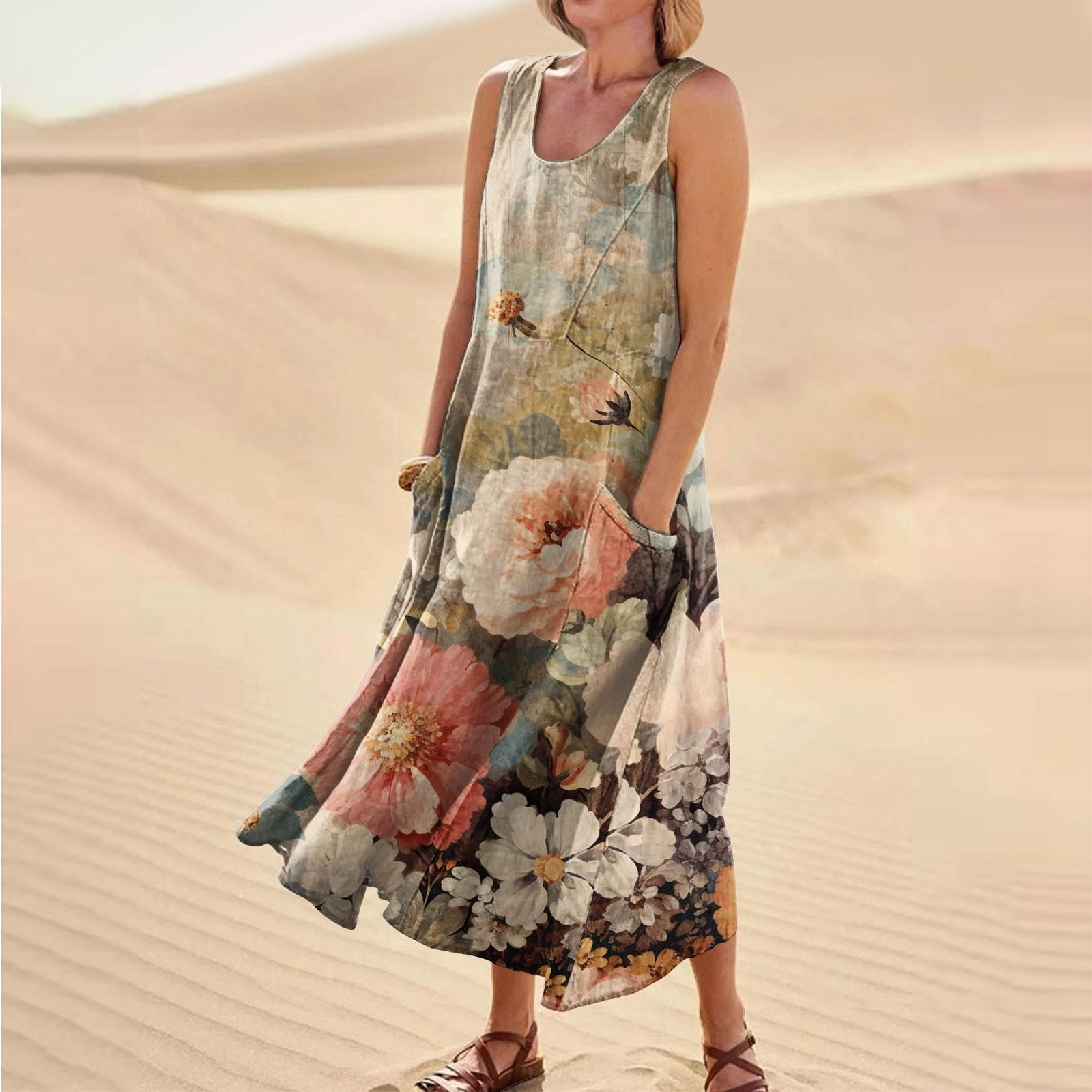 

Летние повседневные платья для женщин, сарафан без рукавов с цветочным принтом, плиссированная футболка, хлопковое платье с карманами XXL хаки