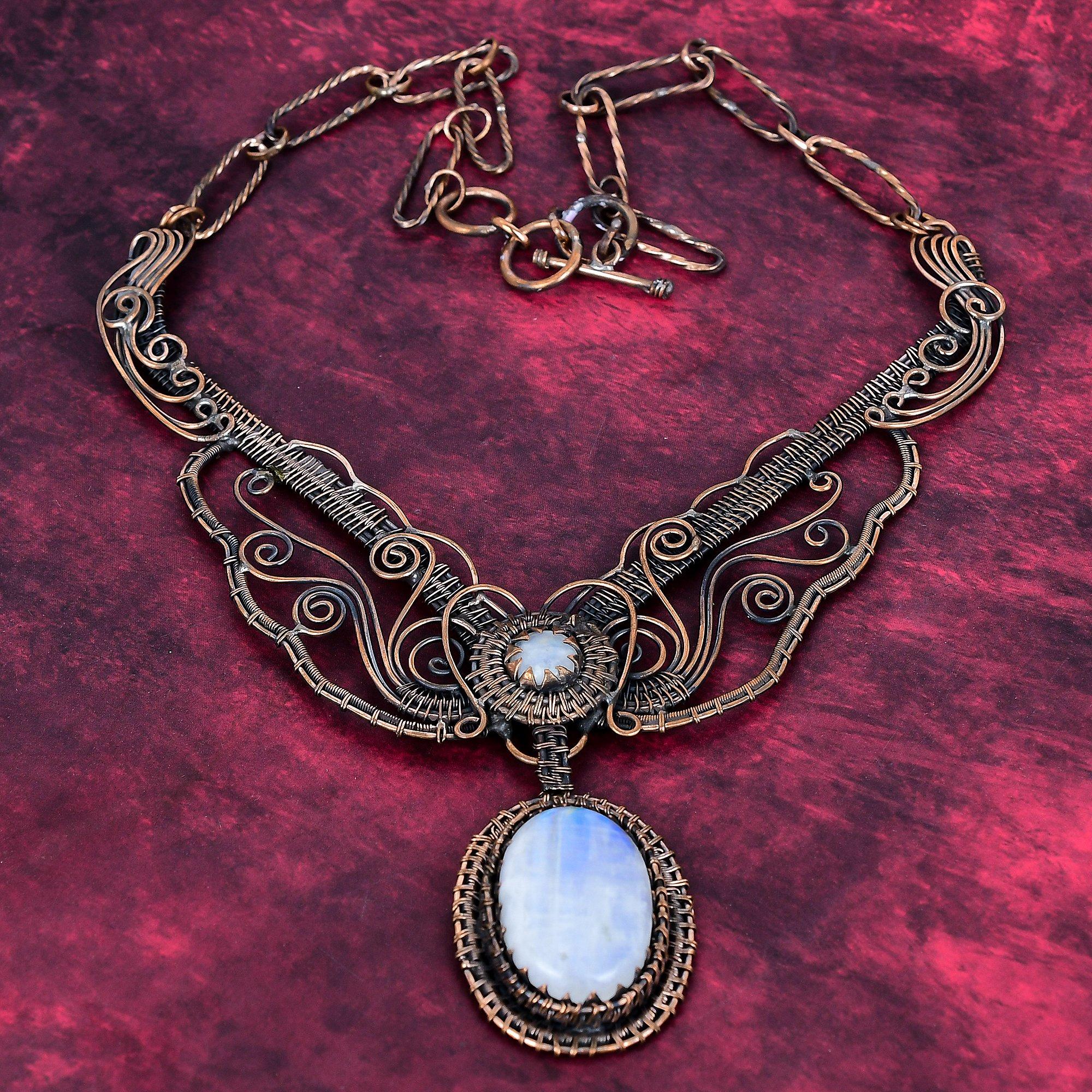 

Rainbow Moonstone Necklace Adjustable Chain Necklace Copper Wire Wrapped Jewelry Adjustable