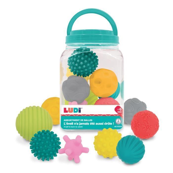 Assortiment de 8 balles d'éveil LUDI - Formes et couleurs différentes - Plastique souple - Dès 6 mois