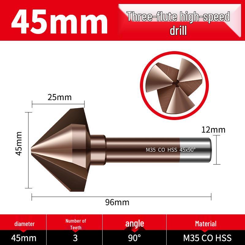 Straight Shank Single-Edge 3-Flute 45° Chamfering & Deburring Countersink Drill Bit, 90° Inner Hole Trimmer