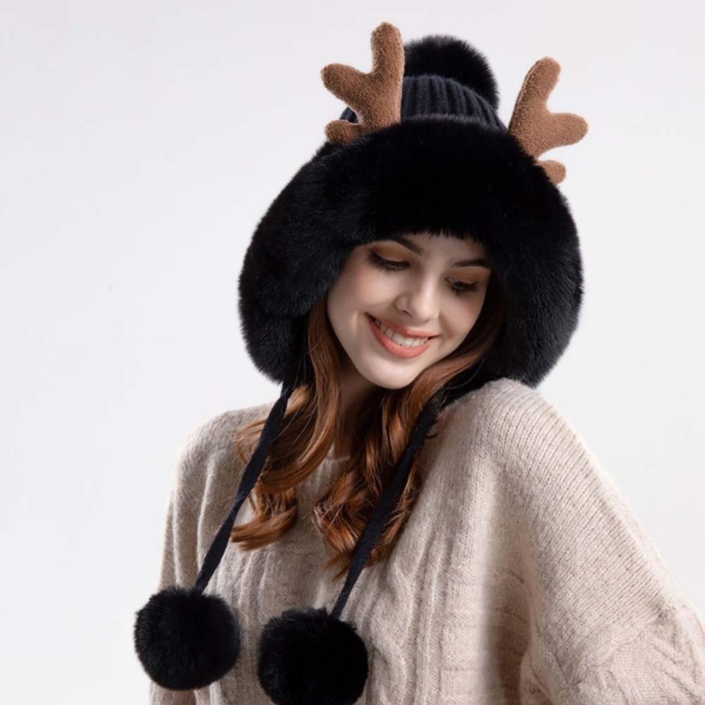 Thermal Deer Antler Beanie Thickened Warm Earflap Hat Winter Knit Bonnet Ear Protection Cap Women