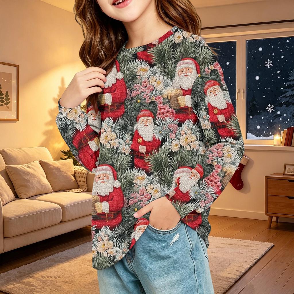 Children's Christmas Print Long Sleeve Neck Shirt with Pocket for Boys and Girls