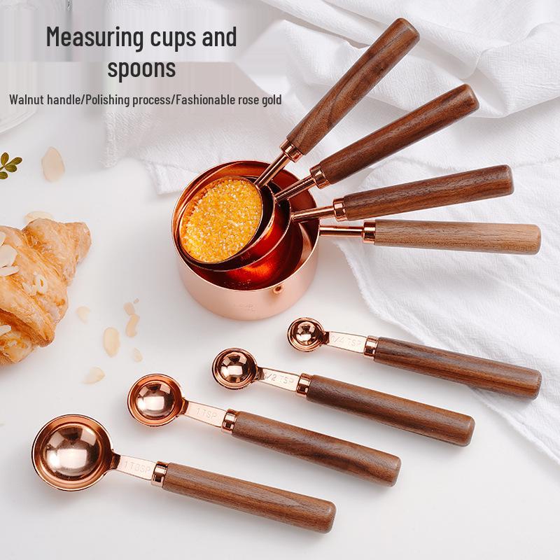Belly Cup Rose Gold & Walnut Wood Measuring Spoon and Acacia Cup Set