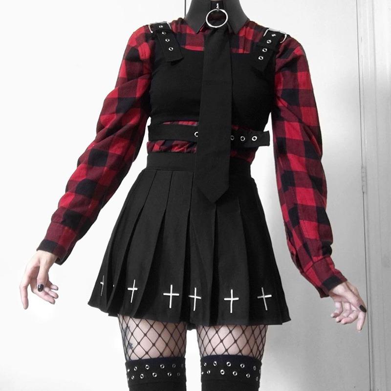 Scione High Waist Mini Black Skirts Gothic Streetwear Women Casual College Lolita Harajuku Skirts