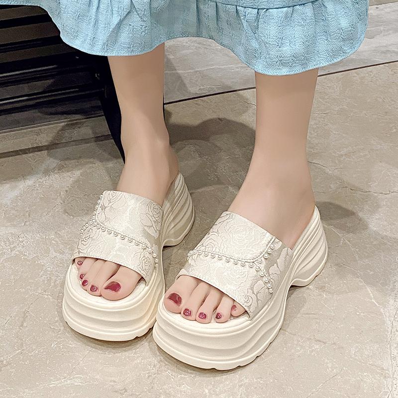 Fashion 7.5CM Fashion Platform High Slippers Women Open Toe Wedges Sandals Summer Soft Slipper Indoor Outdoor Leisure Beach Shoes Black