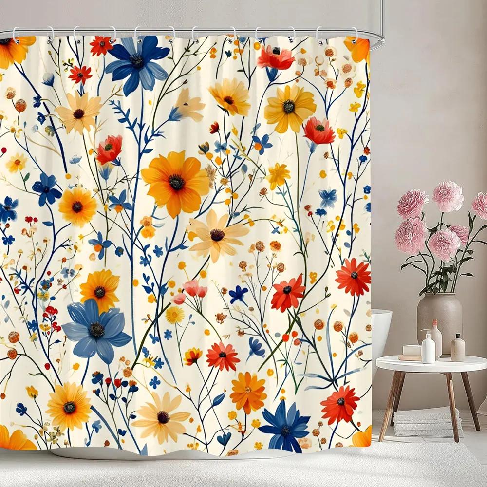 

Vintage Floral Shower Curtain Colourful Flower Watercolour Flower Artist Home Polyester Fabric Shower Curtains Bathroom Decor 90x180cm