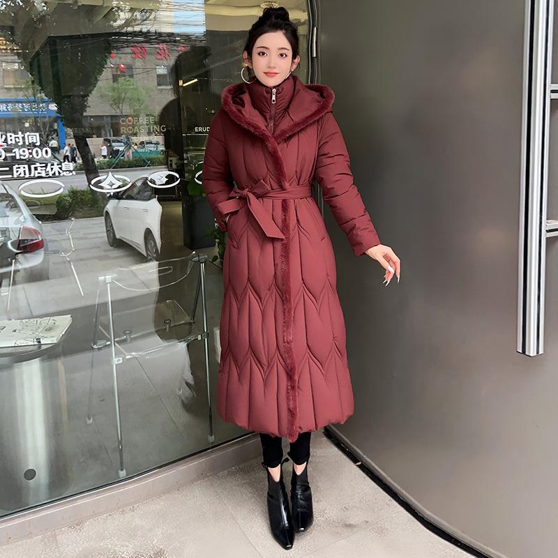 Corrugated cotton clothes women's knee-length fake two-piece hooded winter-proof clothes, top splicing temperament elegant slim-fitting large cotton-p