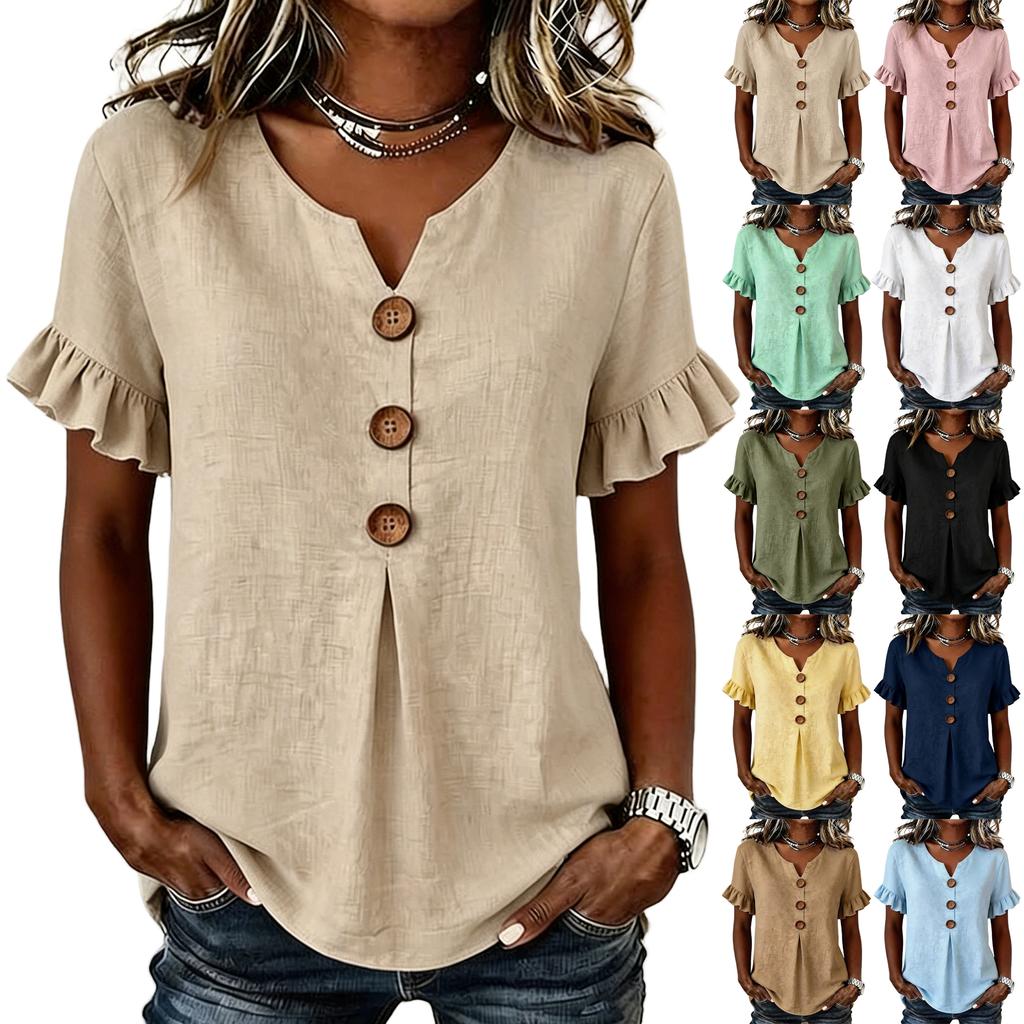 Women V Neck Short Sleeve Casual Solid T Shirt Top with Ruffle Sleeves and Button Front Loose Fit Blouse for Daily Wear