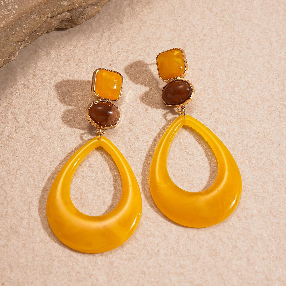 Resin geometric square round hollow water drop silver needle earrings retro exaggerated earrings