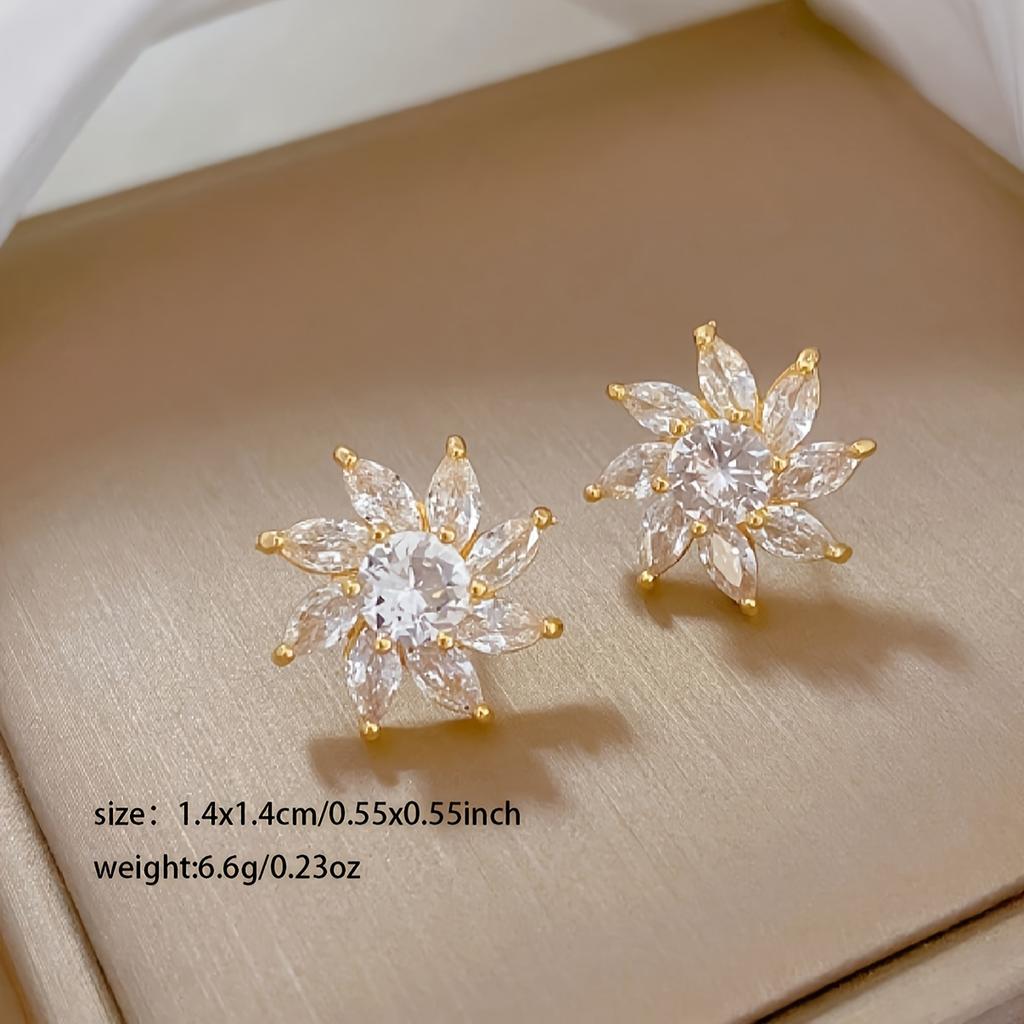 A pair of zirconium-inlaid copper flower pendants, women's fashion jewelry earrings, versatile, light luxury, naturalism, floral design