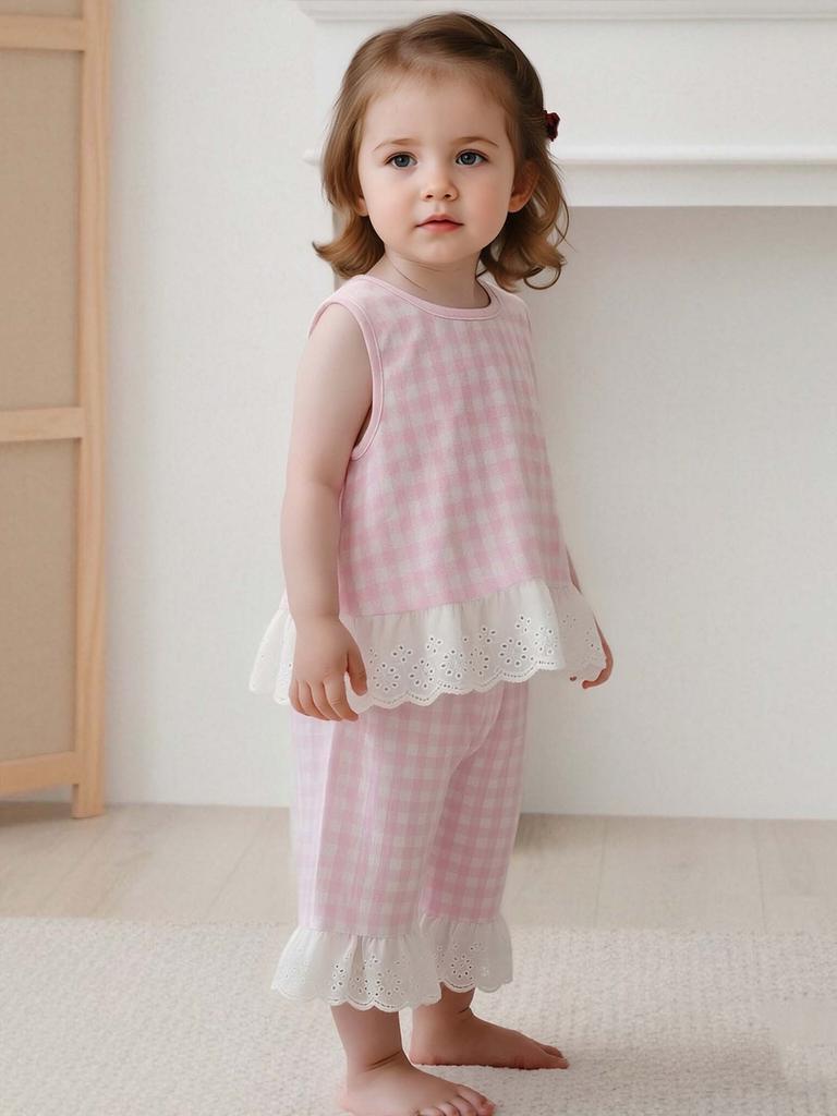 Summer Countryside Style Infant Baby Girls Clothing Set Sleeveless Top with Plaid Long Pants Retro Lace Butterfly Two Piece Outfit