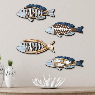 4 Stück Nautische Fischform Wanddekoration Handbemaltes Mehrfarbiges Design Handgefertigte Küstendekoration Küsten