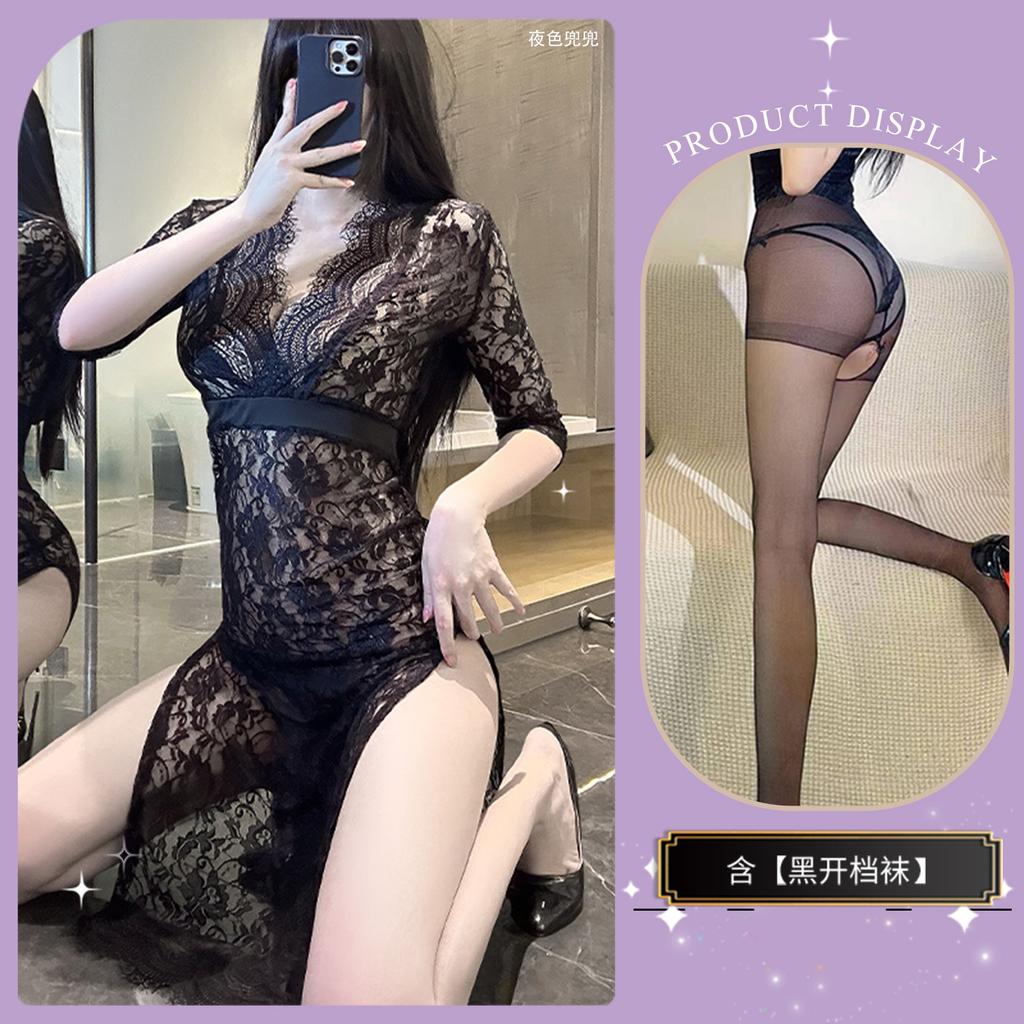 Sex Underwear Large Size Sexy Lace Pajamas Passion Perspective Hot Split Uniform Seduction Set