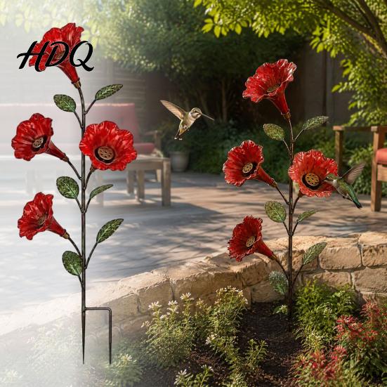Decorative Garden Accent Red Flower Metal Bird Feeder Backyard Ground Stake Hummingbird Feeder Wildlife Watering Station