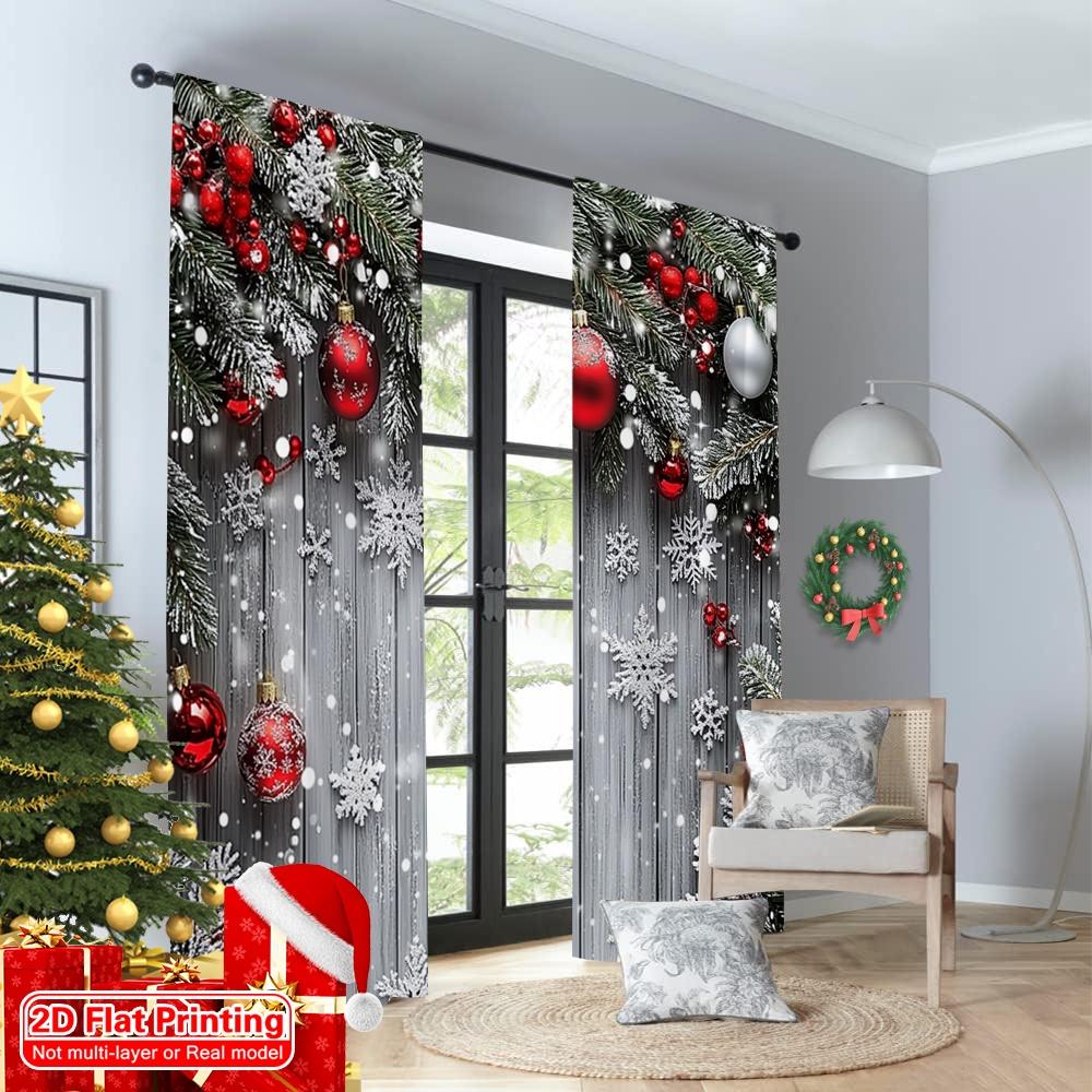 2D Flat Printing 2pcs Christmas Window Curtains With Snowflakes_ Red Balls and Green Plants Durable 100% Polyester Fabric