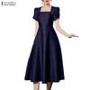 ZANZEA Women Casual Square Collar Summer Short Sleeve Long Dress
