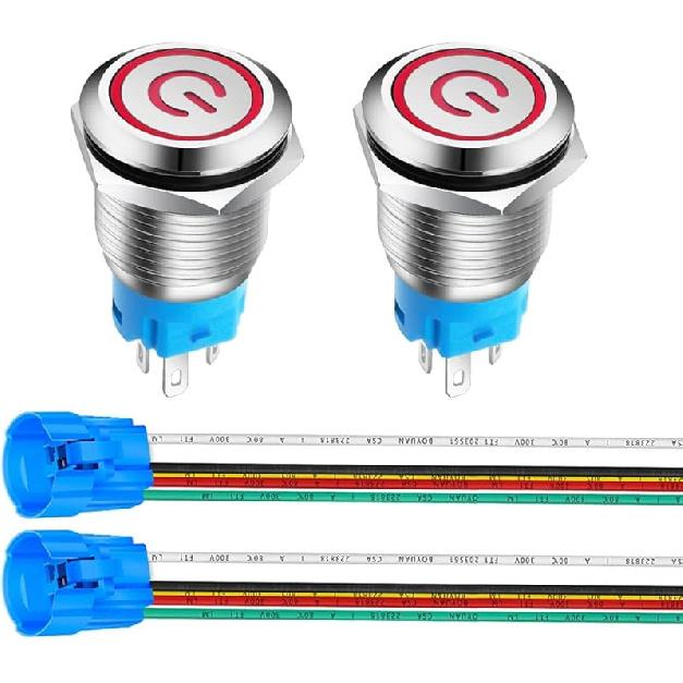 

2pcs Latching Blue LED Waterproof Push Button 12-24VDC/15Amp /15Amp 16mm Stainless Steel Push Button Switch Waterproof with Connector Wire