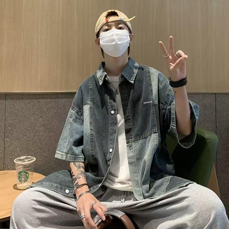 

Men s Retro Casual Color-Block Denim Shirt – Summer Trend, Short-Sleeved, Stylish Streetwear Jacket XXXL синій