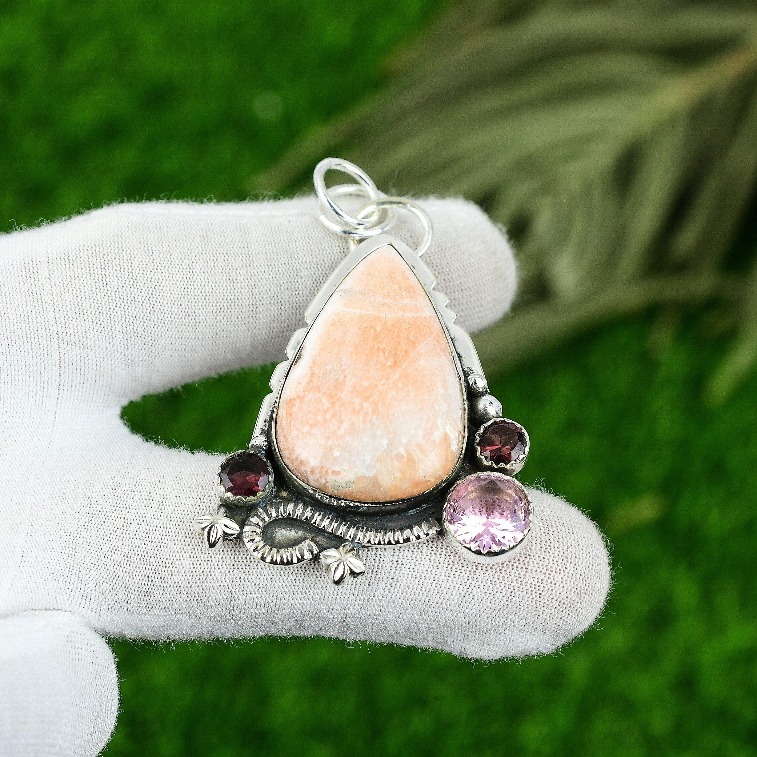 Womens day Deal Scolecite Gemstone Kunzite Sterling Silver Wife Pendant Jewelry