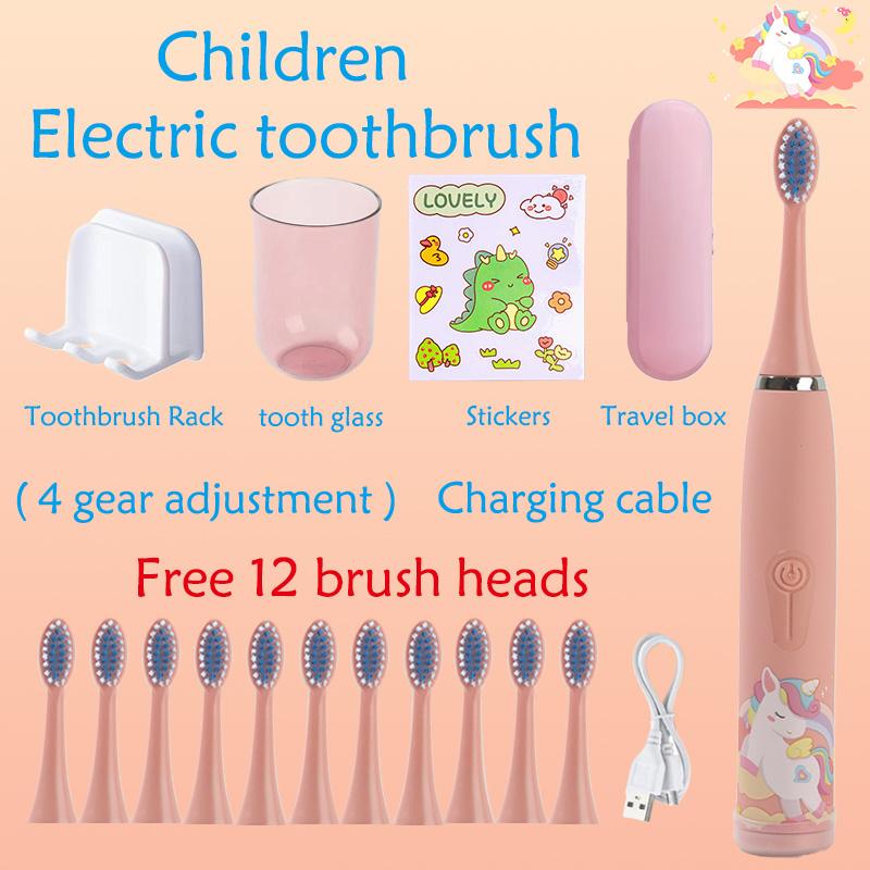 Elektrische Schallzahnbürste für Kinder, wasserdicht, per USB wiederaufladbar, Timer mit Ersatzkopfbecher, Zahnbürstenhalter, Reisebox-Set