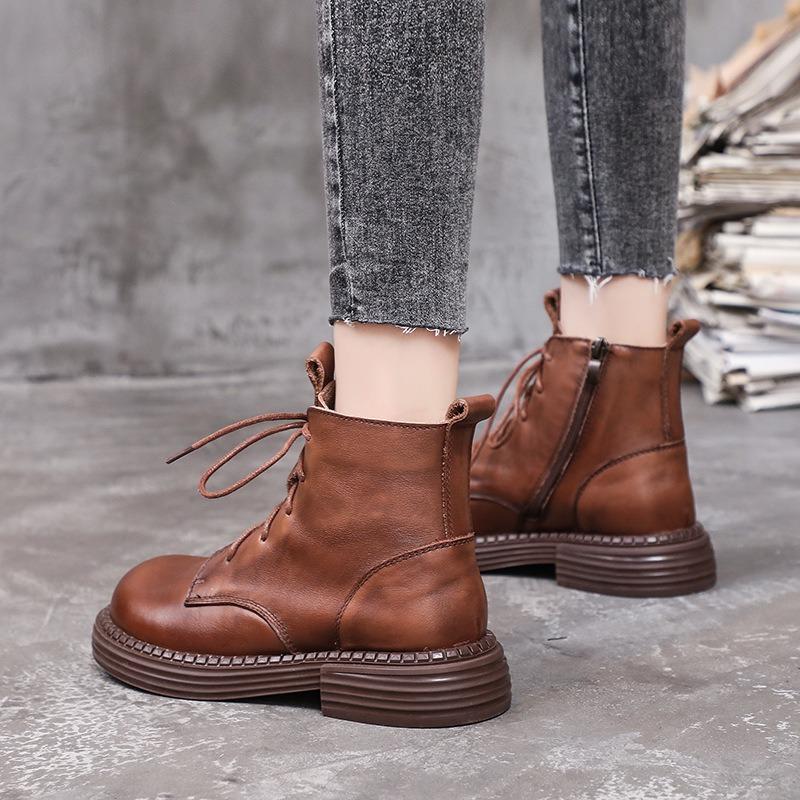 Winter Warm Boots Women Lace-Up Round Toe Flat Ankle Boots Handmade Retro Real Cowhide Side Zipper Plush Cotton Shoes