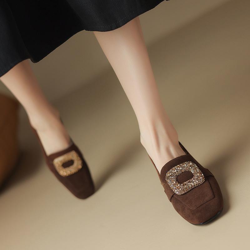 Women's Brown & Black Plush Lined Loafers: Velvet, Square Toe, Chunky Mid-Heel, Deep Mouth Design, Autumn/Winter.