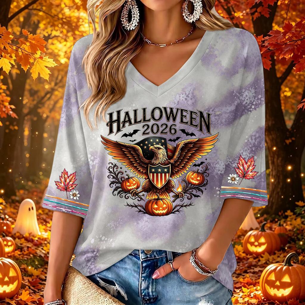 Women's Stylish V-Neck Halloween Print Three-Quarter Sleeve Casual Top for Party
