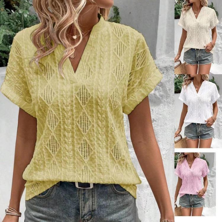 

Women s Summer Casual Loose V-neck Short Sleeved Hollow Jacquard Shirt New S белый