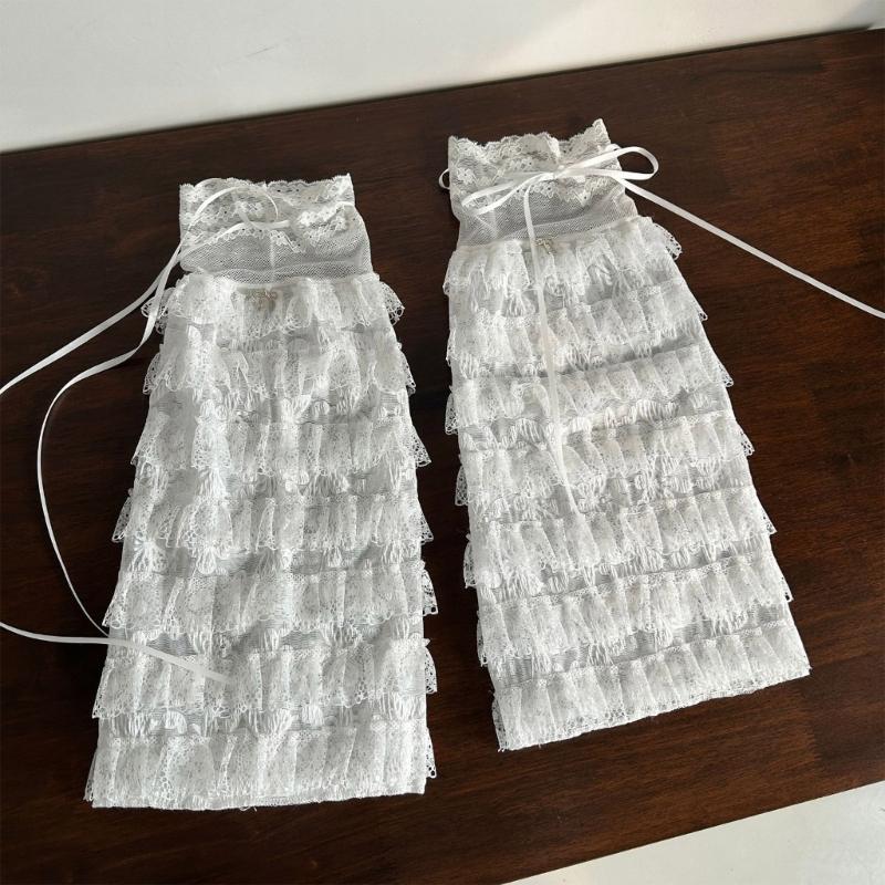 Aesthetic Elegant Tiered Ruffle Lace Leg Warmers for Women Mesh Leg Sleeves Covers Footless Socks with Ribbon Bowknot