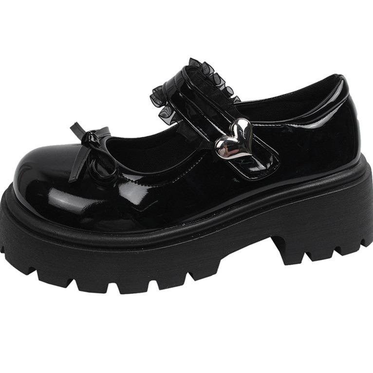 Black French retro bow platform small leather shoes women's 2025 new summer versatile skirt Mary Jane shoes