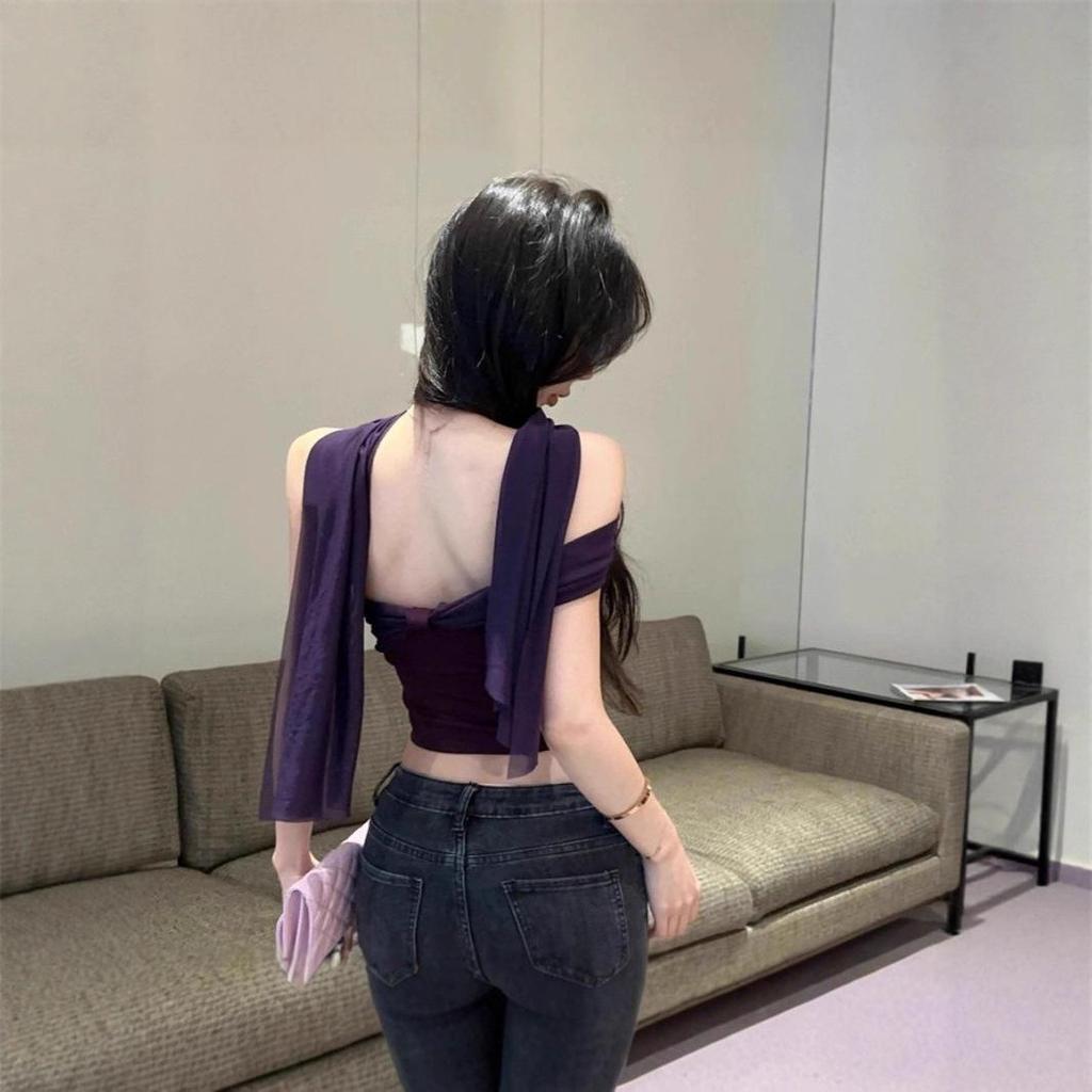 Retro French Mesh Halter Top - One-Shoulder, Backless, Slim Fit
