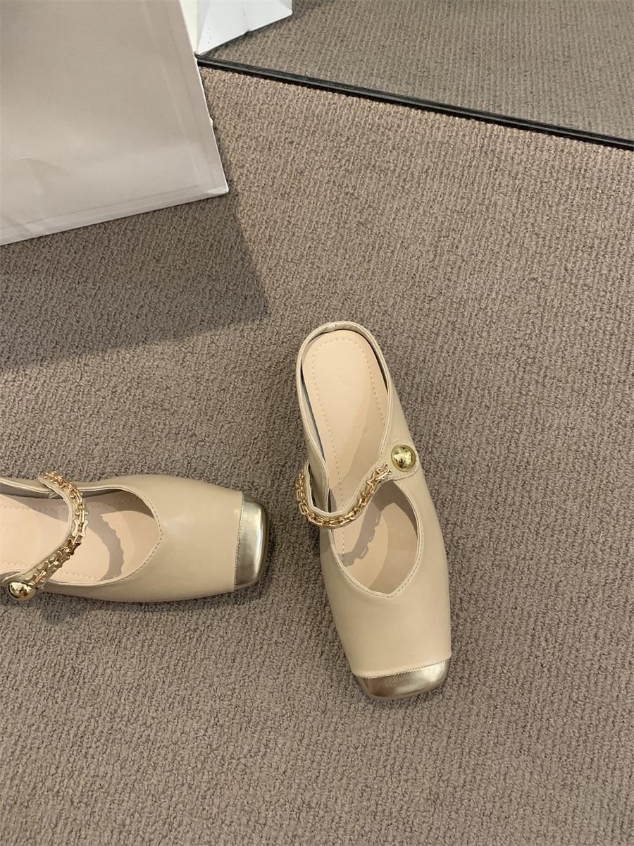 

Xiaoxiangfeng Baotou Half Slippers Outer Wear Women S Shoes Annual Chain Word Belt Summer Skirt Single Shoes 35 хаки