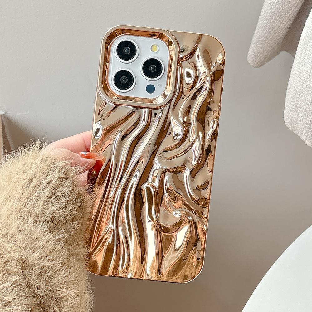 Gold 3D Water Ripple Phone Case For iPhone 17 16 15 14 13 12 11 Pro Max Electroplated Shockproof Silicone Cover